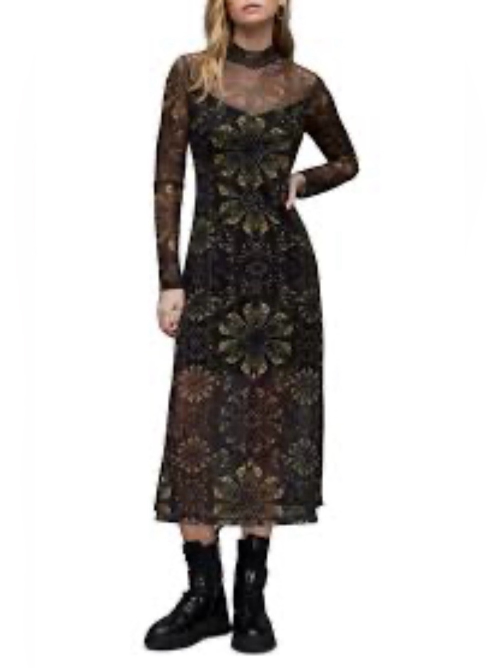 AllSaints Black Mesh Long-Sleeve Dress with Greenish Floral Motif